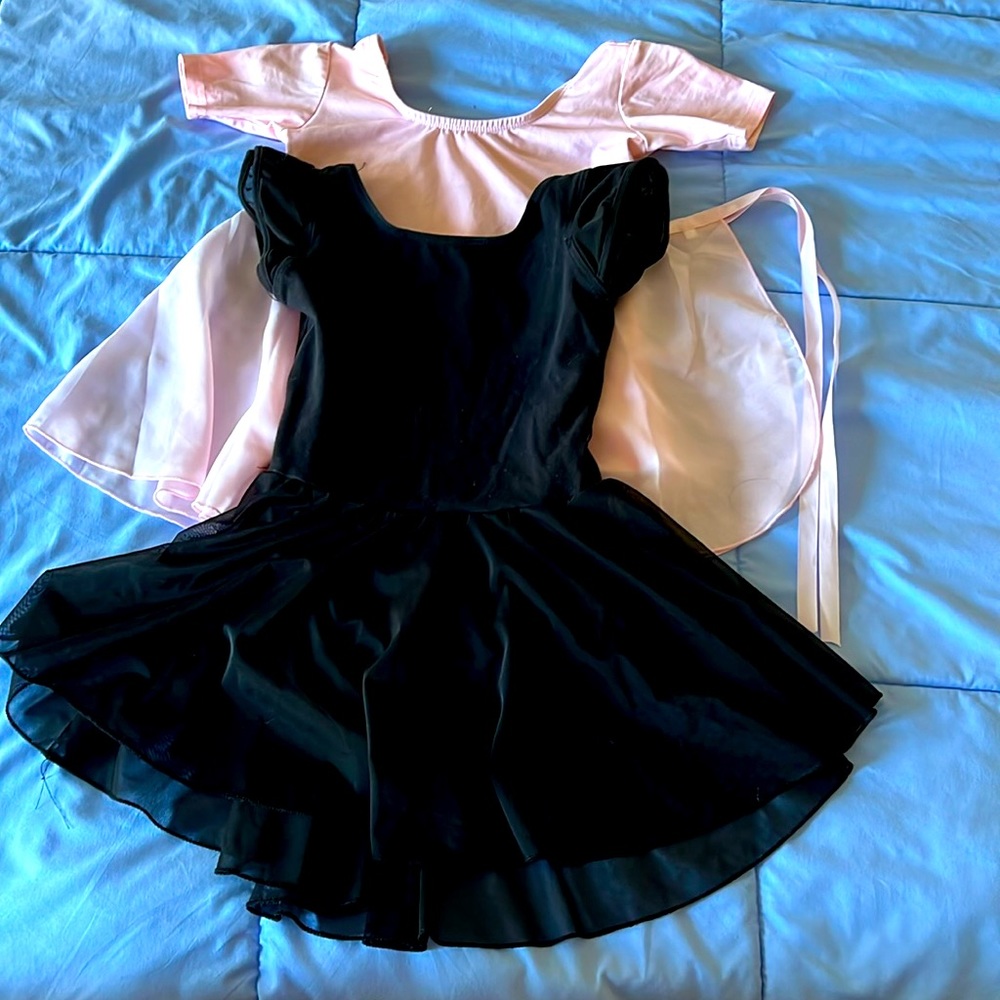 Two leopards, pink leotard with/skirt, black leotard w/skirt, size M, 5-7